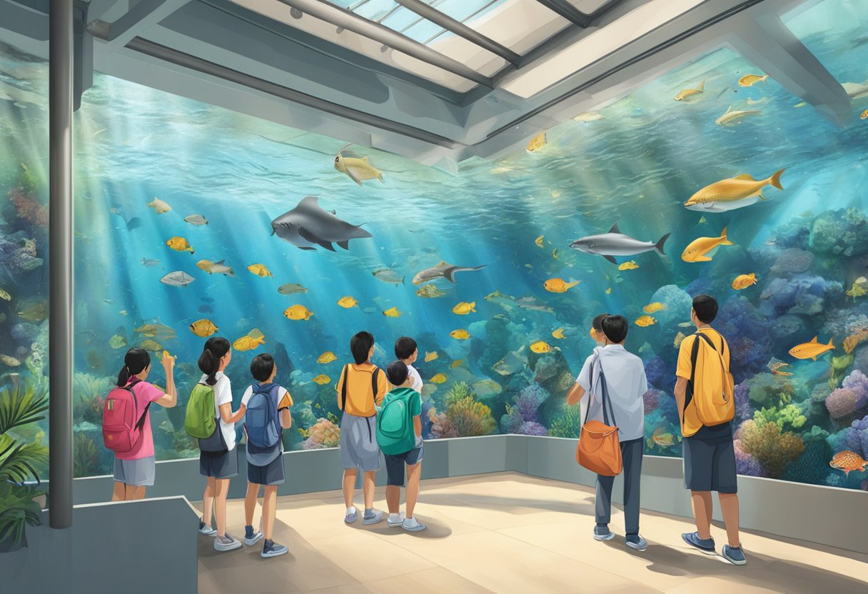Visitors reading signs and pointing at exhibits in Singapore aquarium