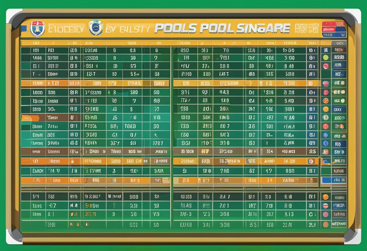 A colorful display board shows Singapore Pools football odds, with numbers and team names clearly visible