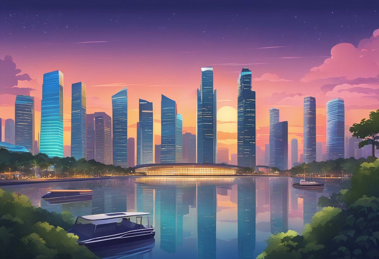 A vibrant cityscape of Singapore's Cé La Vi Beyond, with iconic skyscrapers, bustling streets, and a colorful sunset sky