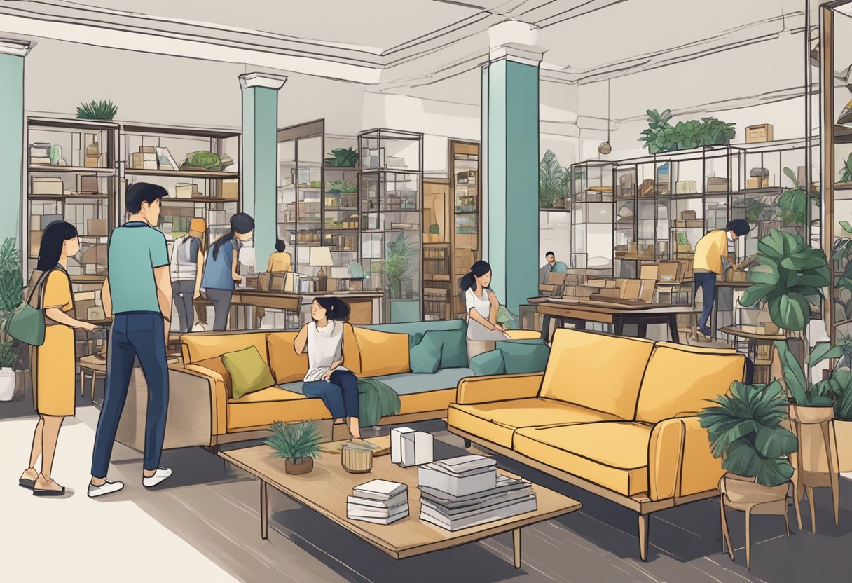 A bustling furniture shop in Singapore, with customers browsing and staff assisting. Various pieces of furniture on display, from sofas to dining sets