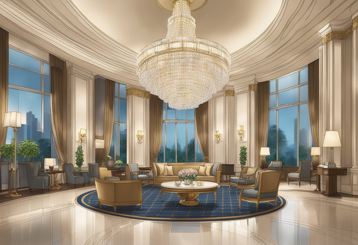 The lobby of St. Regis Singapore, with a grand chandelier hanging from the ceiling and luxurious furnishings arranged in a welcoming and elegant manner