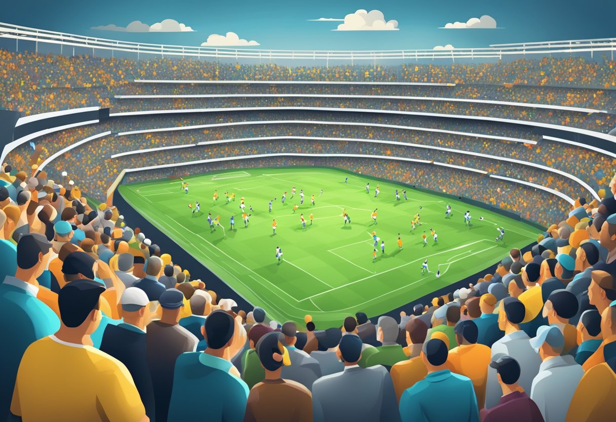 A crowded stadium with fans cheering, bookmakers displaying odds, and players on the field