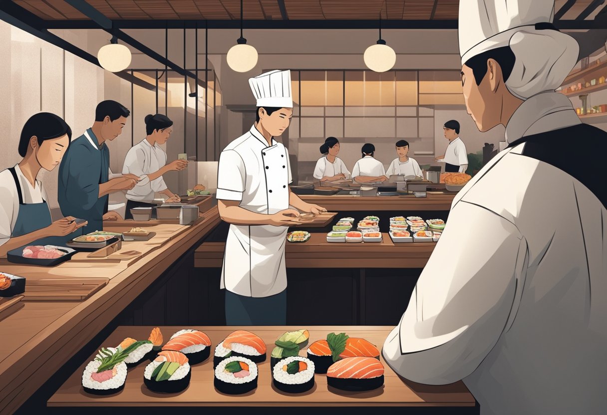 A chef prepares a variety of fresh sushi and sashimi on a wooden counter, while customers eagerly wait in anticipation at a stylish and intimate omakase restaurant in Singapore