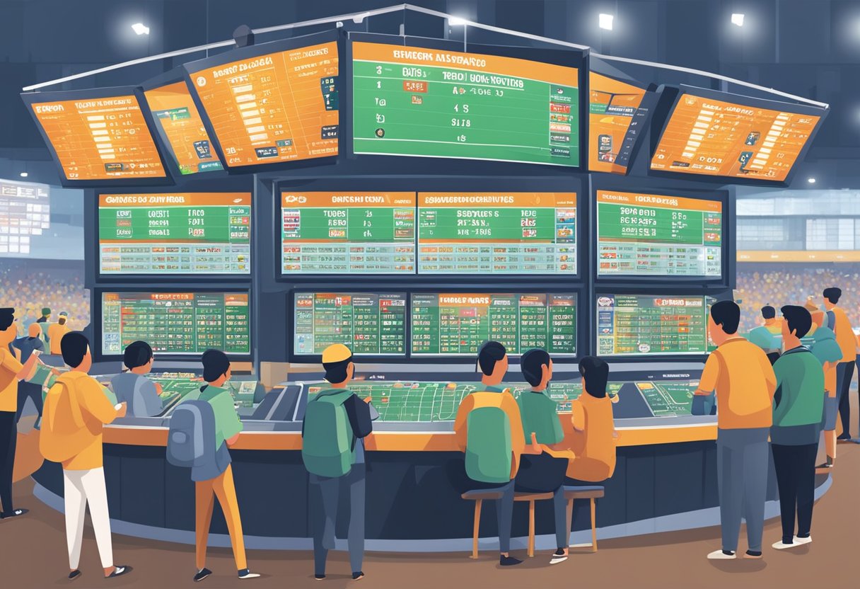 A crowded football stadium with people placing bets at Singapore Pools booth. Odds displayed on screens