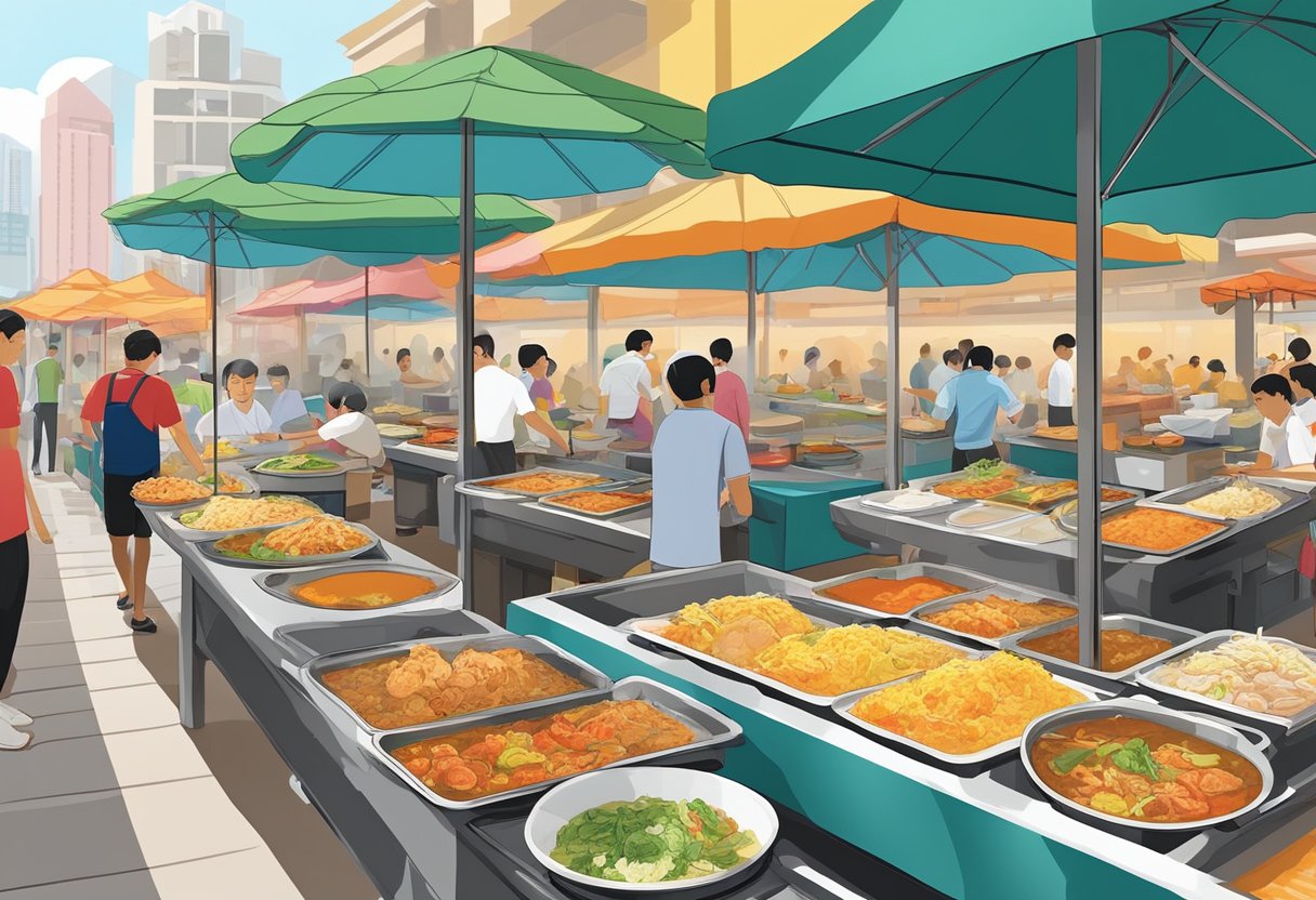 A bustling hawker center with colorful stalls serving up aromatic dishes like chili crab, laksa, and Hainanese chicken rice. The air is filled with the sizzle of woks and the chatter of hungry diners
