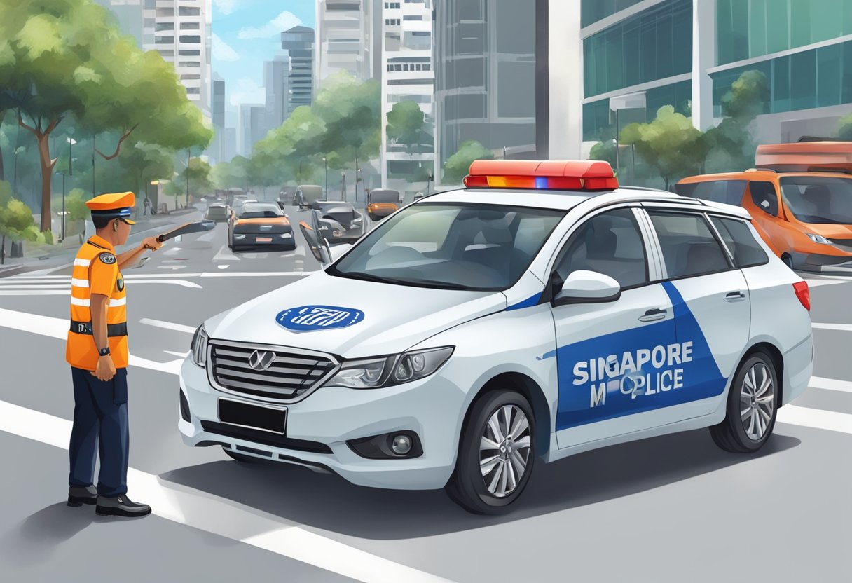 A Singapore traffic police officer directs vehicles at a busy intersection, wearing a crisp uniform and holding a reflective baton