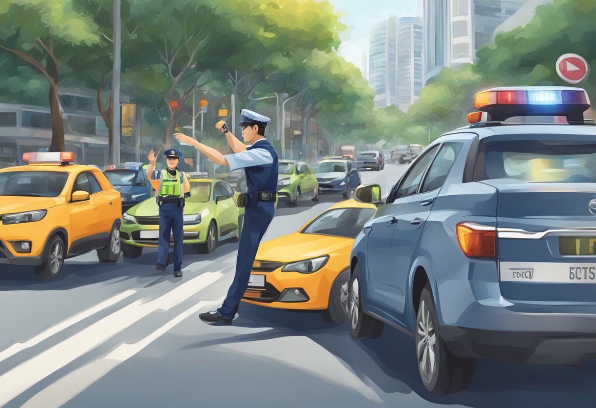 A Singapore traffic police officer directs vehicles at a busy intersection