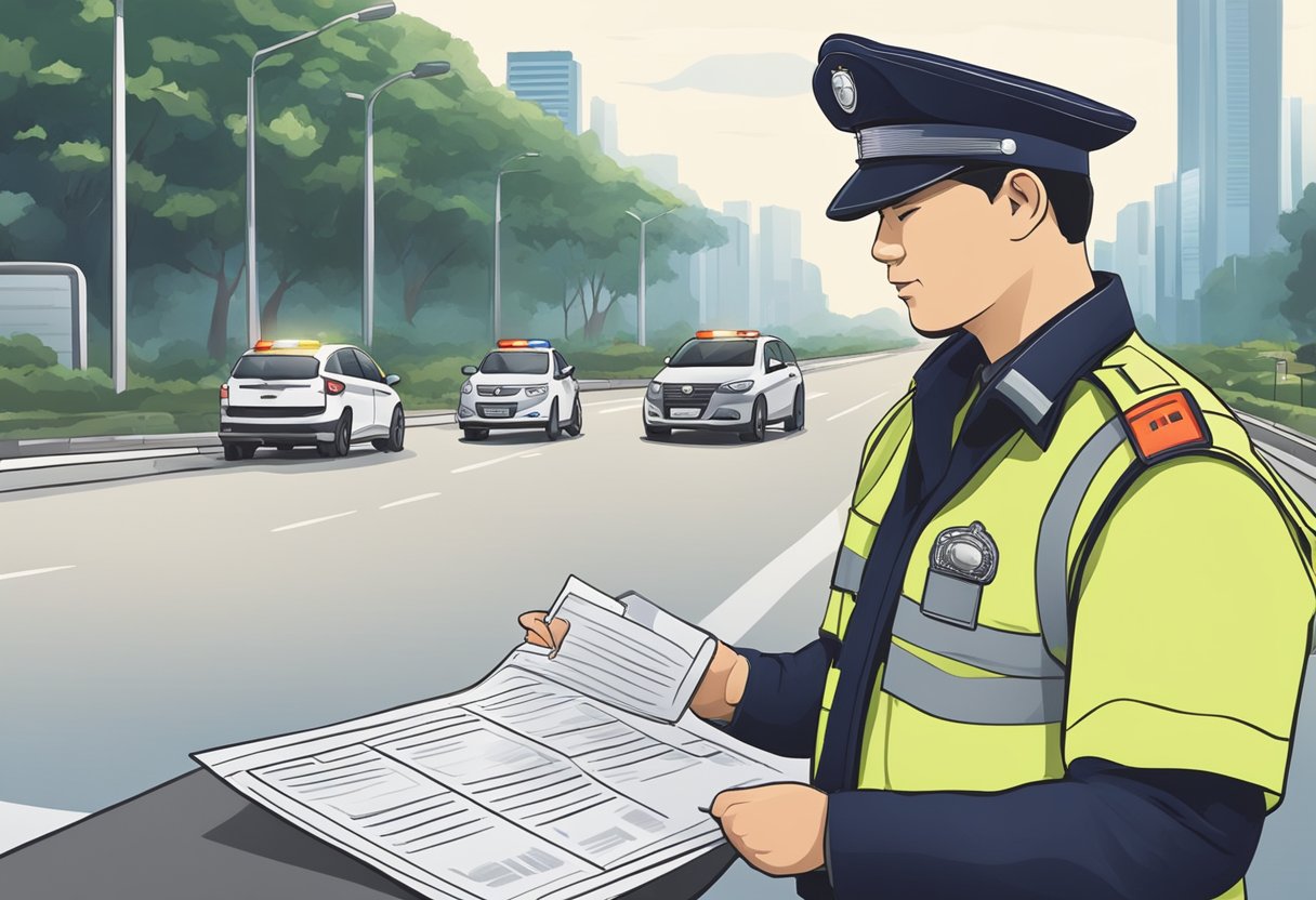 Singapore traffic police manage licenses. A uniformed officer checks documents at a roadside checkpoint. Traffic flows in the background