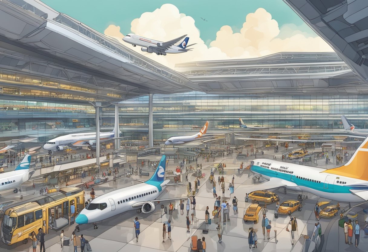 Busy Singapore airport with planes on tarmac, passengers boarding, and bustling shops and restaurants