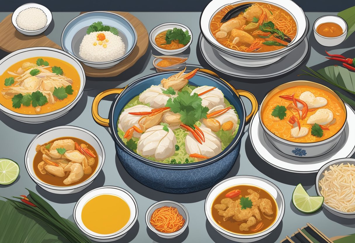 A table set with colorful plates of Hainanese chicken rice, laksa, and chili crab. A steaming pot of fragrant curry sits in the background