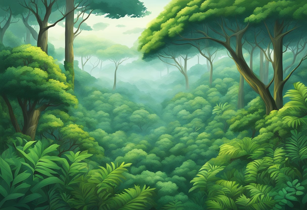 Lush green trees tower over misty forest floor, with vibrant flora and fauna in the canopy of Singapore's cloud forest
