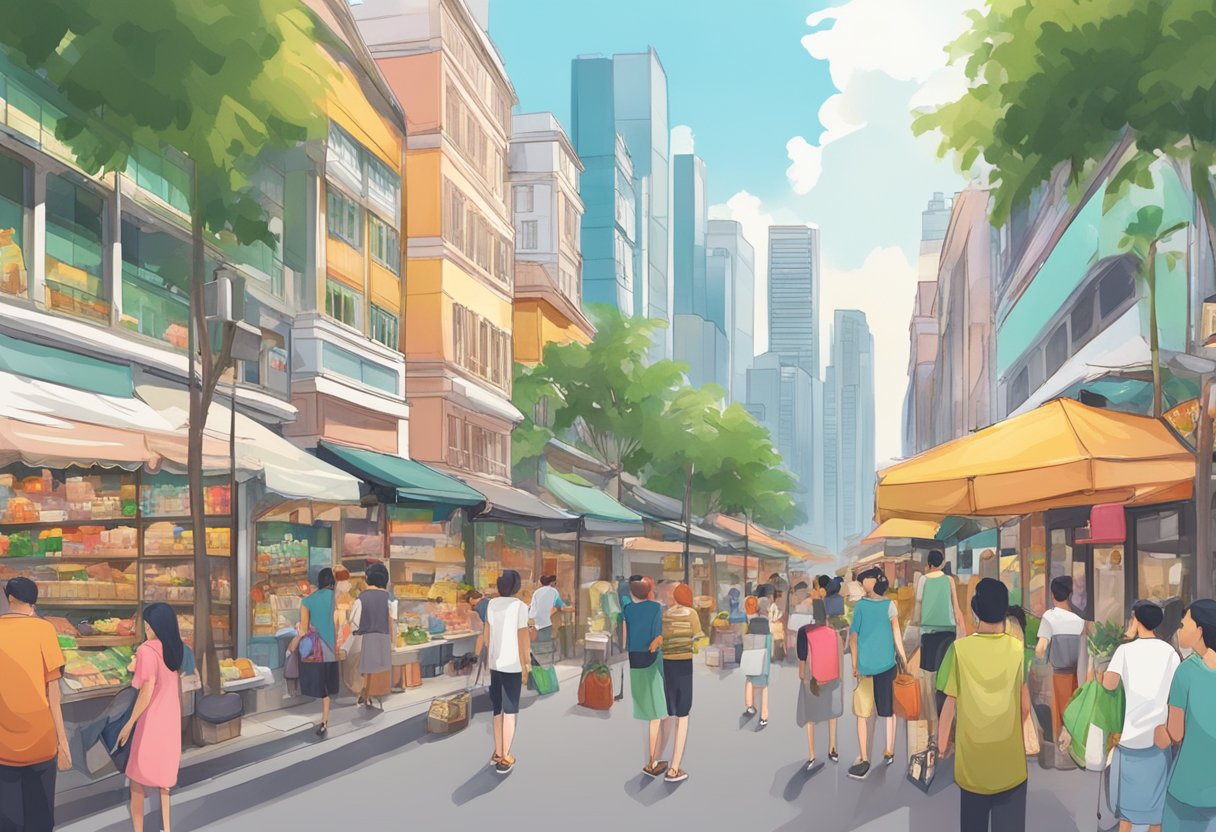 A bustling street in Singapore, with colorful storefronts and people browsing goods from Taobao. Tall buildings and palm trees line the background