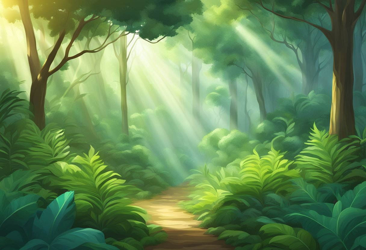 Sunlight filters through lush foliage in a misty cloud forest. Exotic plants and towering trees create a serene and mystical atmosphere