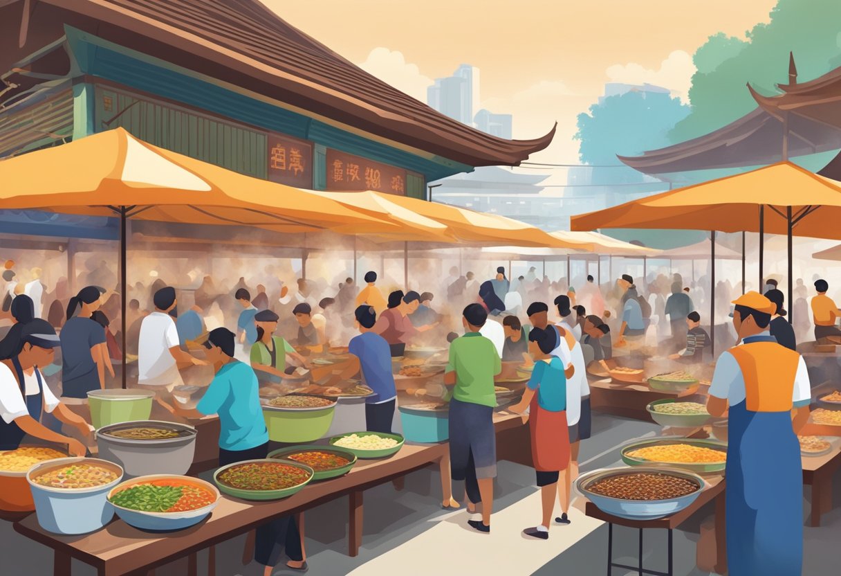 A bustling hawker center with colorful stalls and steaming pots, surrounded by eager diners sampling a variety of aromatic dishes