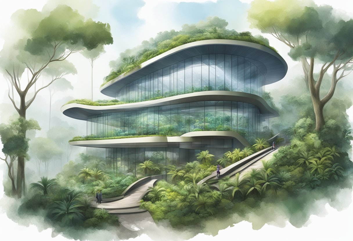 Lush greenery surrounds a modern visitor information center in the misty Singapore cloud forest. The building stands out against the dense vegetation, creating a striking contrast