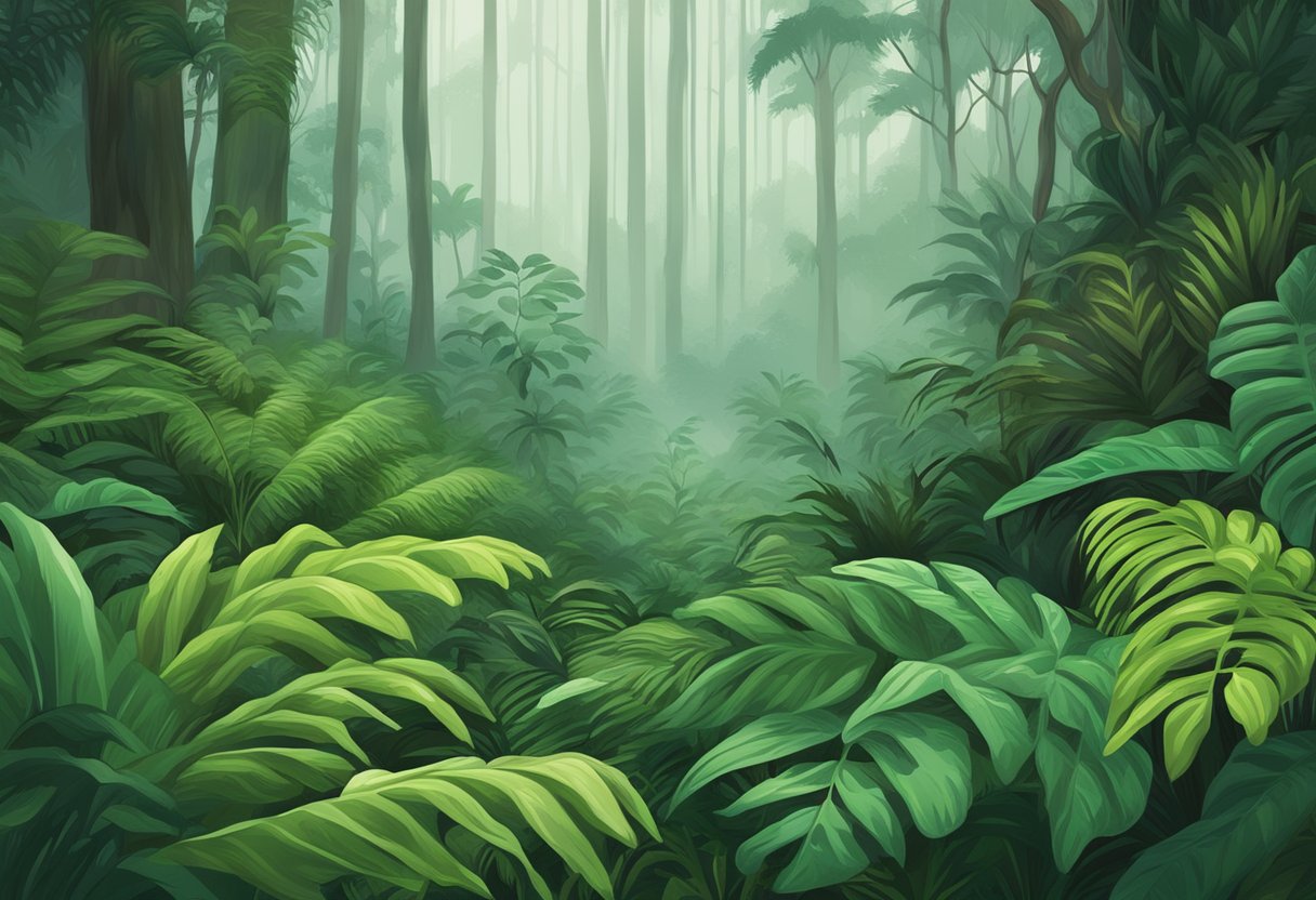 Lush green foliage surrounds a misty forest floor, with a prominent sign reading "Frequently Asked Questions" in the Singapore cloud forest