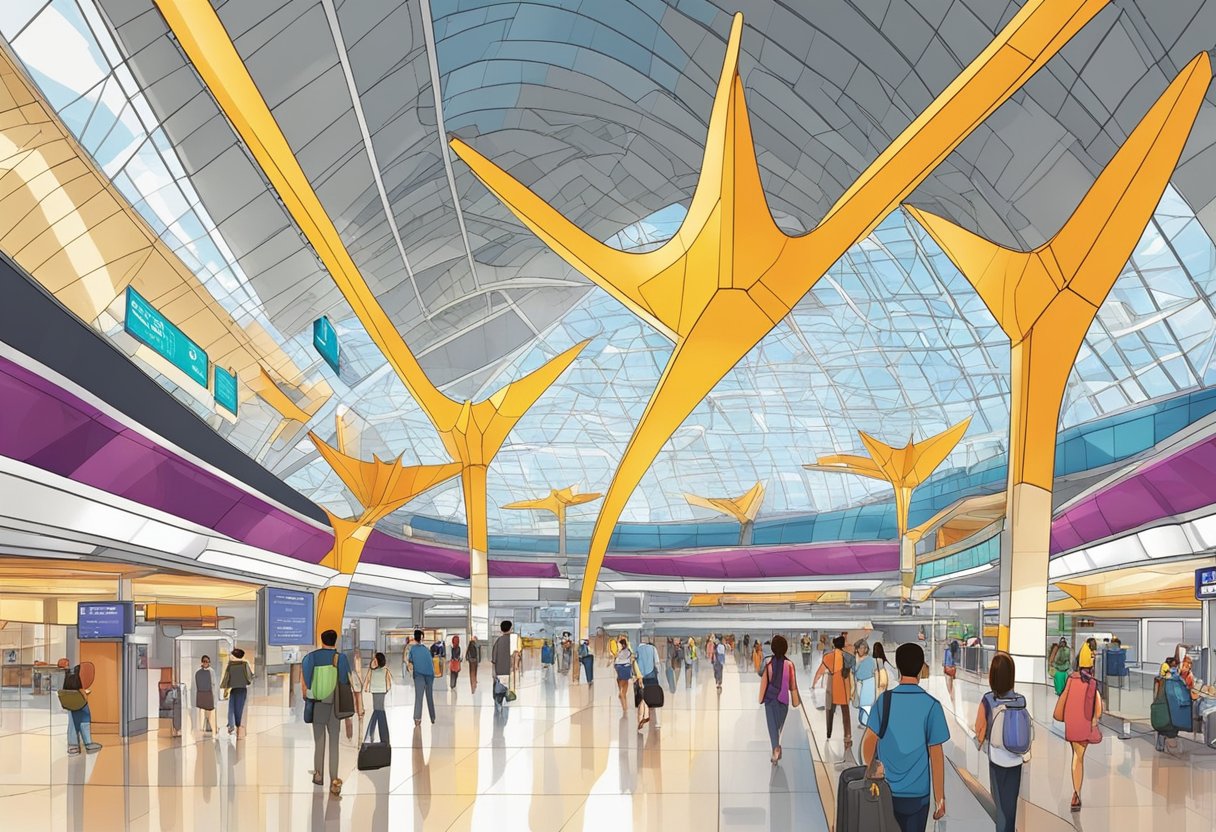 Passengers navigate through sleek terminals, adorned with modern architecture and vibrant cultural displays, as the bustling Singapore airport comes to life