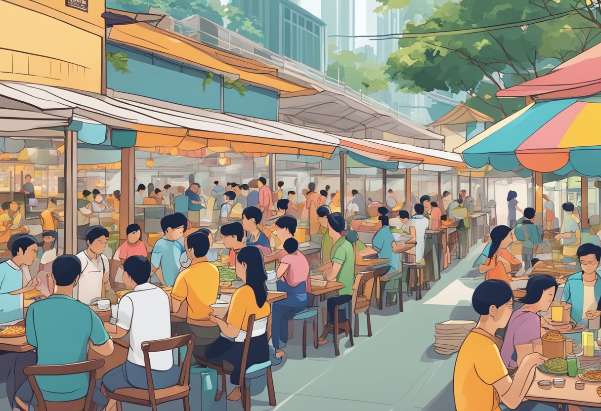 A bustling hawker center in Singapore, with a variety of food stalls and colorful signage. Customers line up at popular vendors while others sit at communal tables enjoying their meals