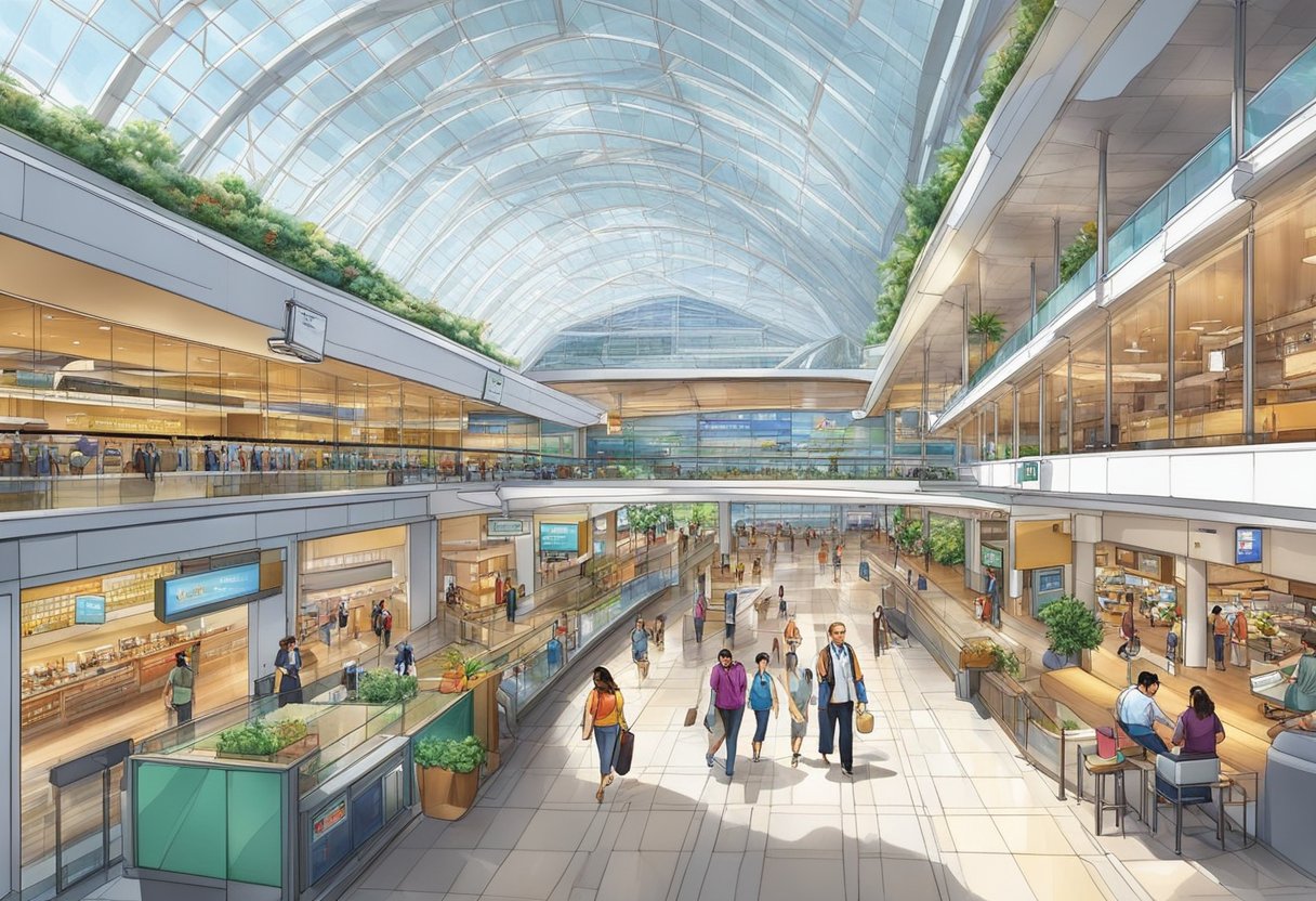 The bustling Singapore airport features modern amenities and services. Shops, restaurants, and comfortable seating areas create a vibrant and welcoming atmosphere
