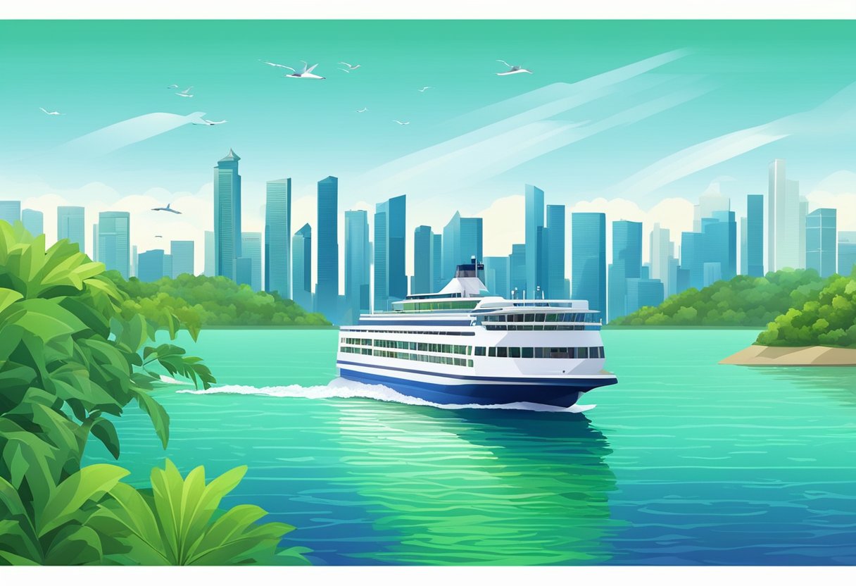 A ferry sails across the shimmering sea from Singapore to Bintan, passing by lush green islands and distant city skylines