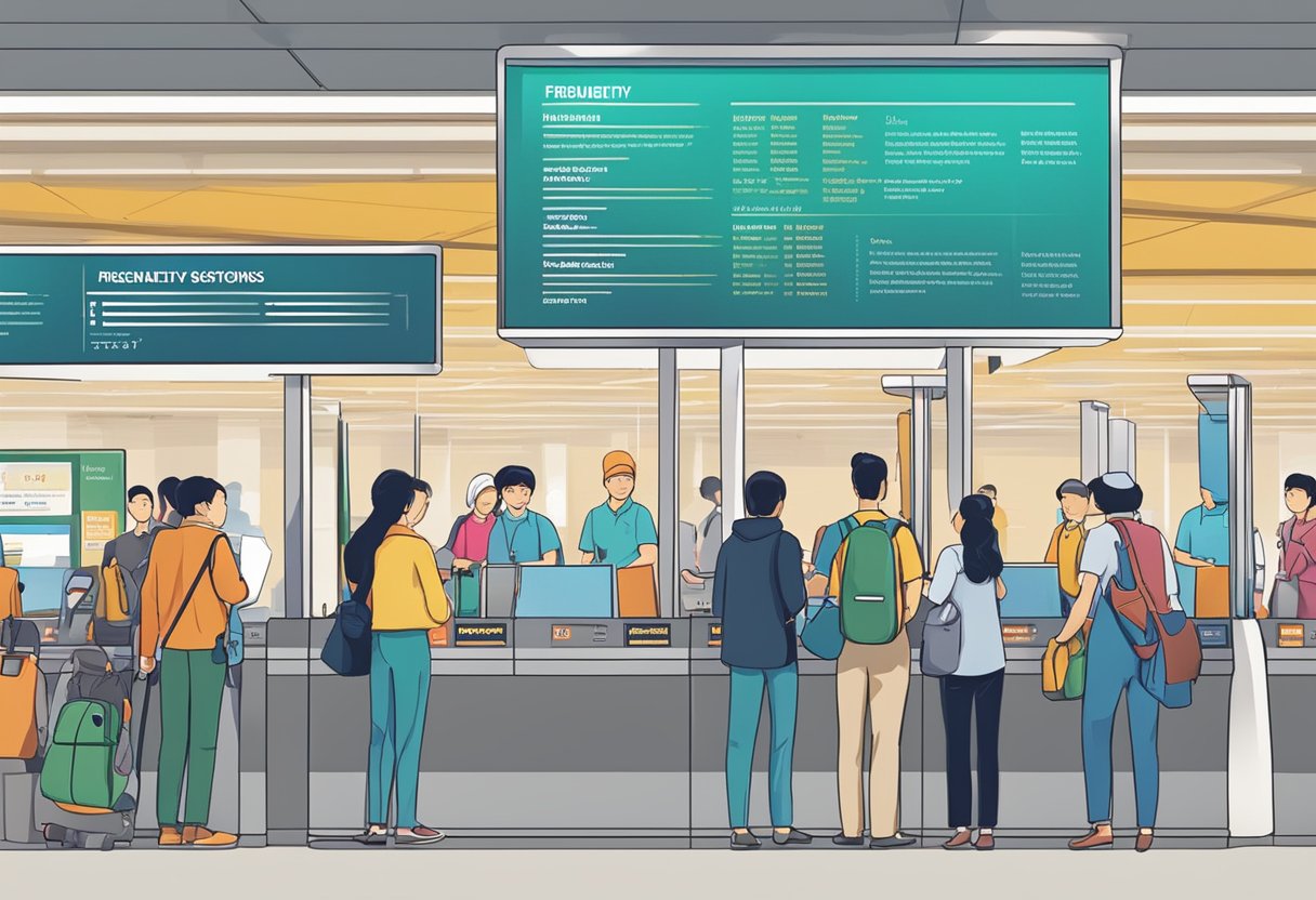 Passengers lining up at information kiosks, a sign overhead reads "Frequently Asked Questions" at Singapore airport