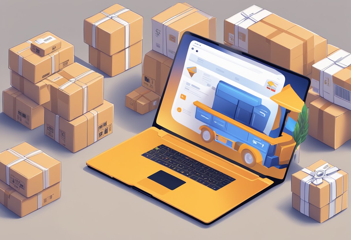 A laptop displaying "Frequently Asked Questions Taobao Singapore" with a stack of parcels and a delivery truck in the background
