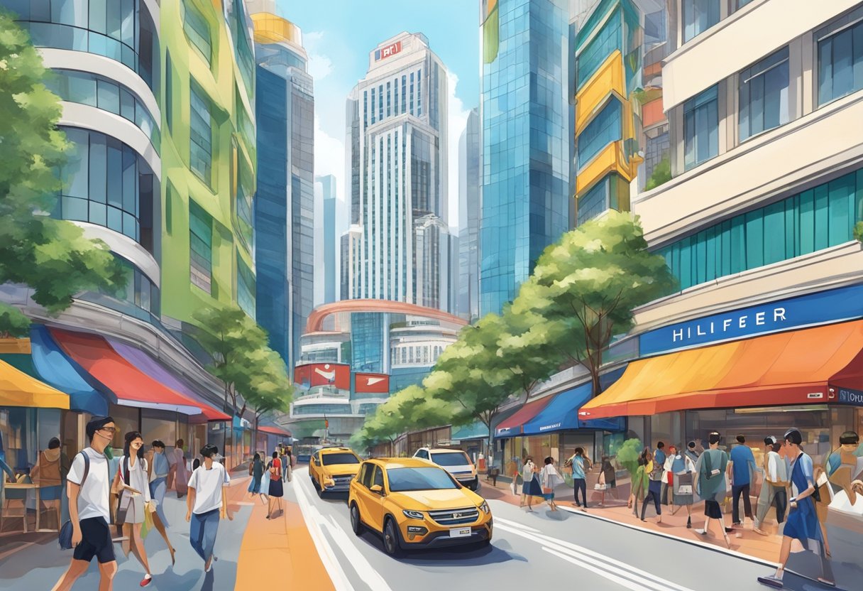 A bustling street in Singapore with a prominent Tommy Hilfiger store, surrounded by modern buildings and vibrant city life