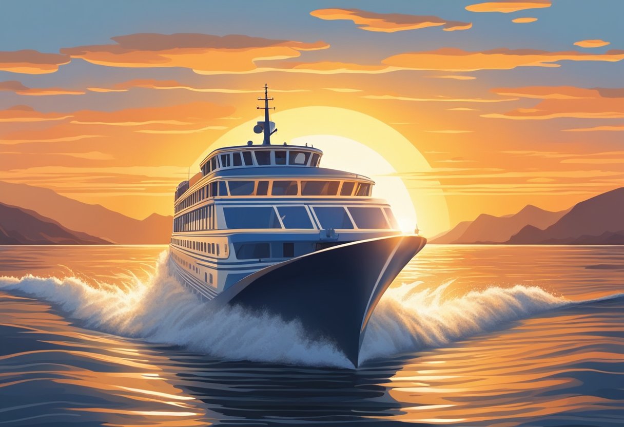 The ferry glides across the calm sea, leaving a trail of foamy ripples in its wake. The sun sets in a fiery display, casting a warm glow over the horizon