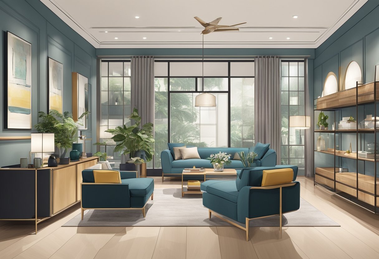 A spacious furniture store in Singapore displays modern and stylish pieces arranged in visually appealing vignettes. Bright lighting and clean lines create a welcoming atmosphere for shoppers