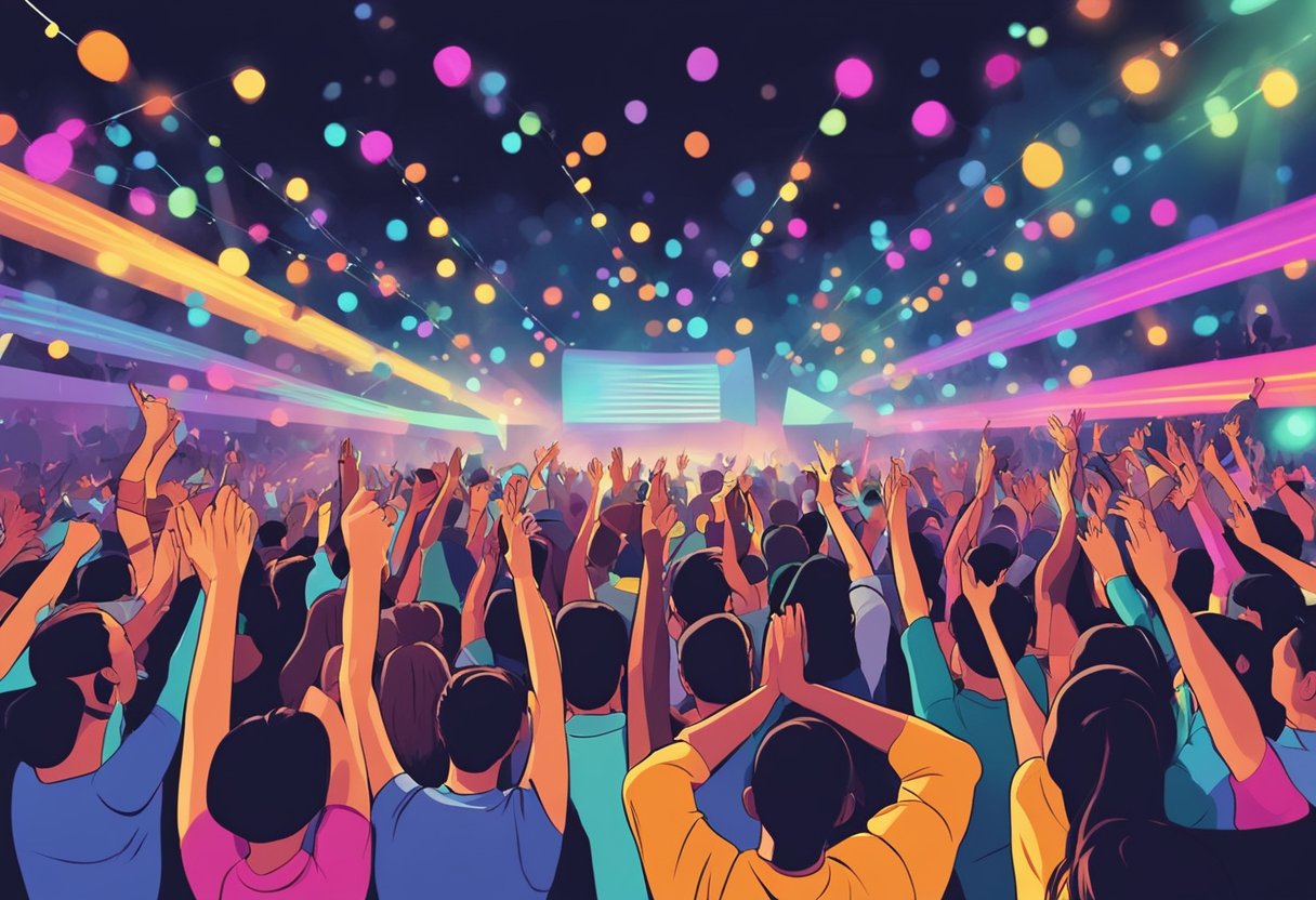 Crowds cheer under colorful lights at a lively concert in Singapore. Music fills the air as performers take the stage, creating an electric atmosphere