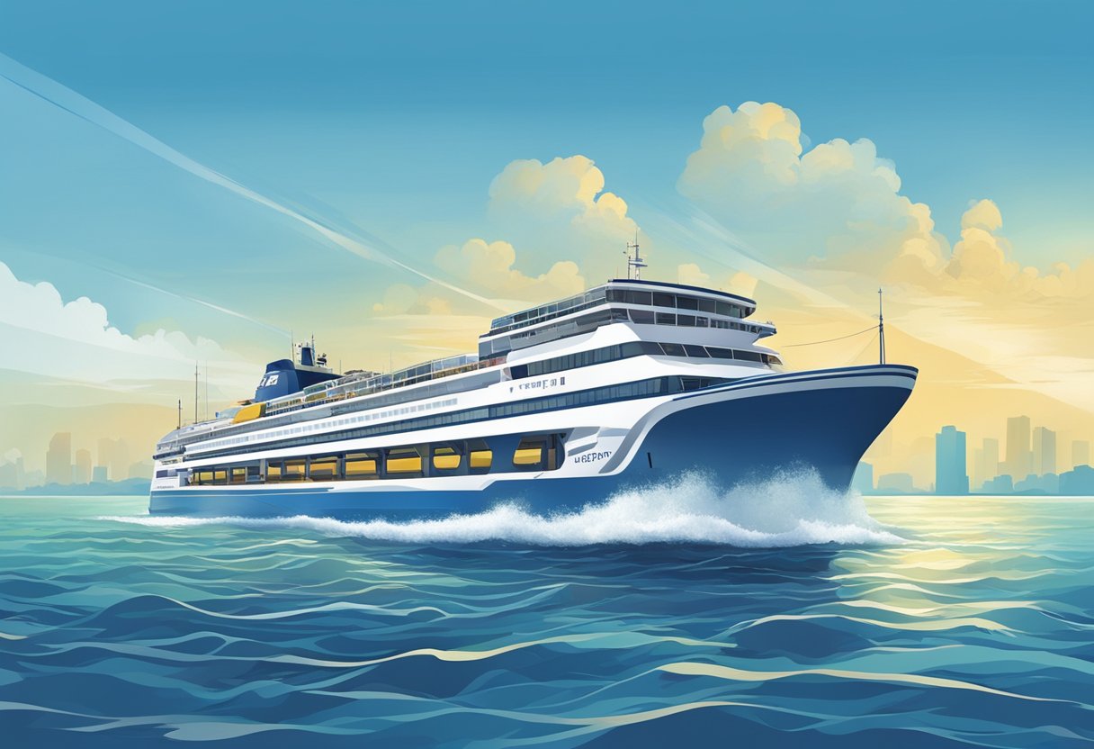 The ferry sails from Singapore to Bintan, crossing the shimmering waters with a backdrop of clear blue skies and distant land on the horizon