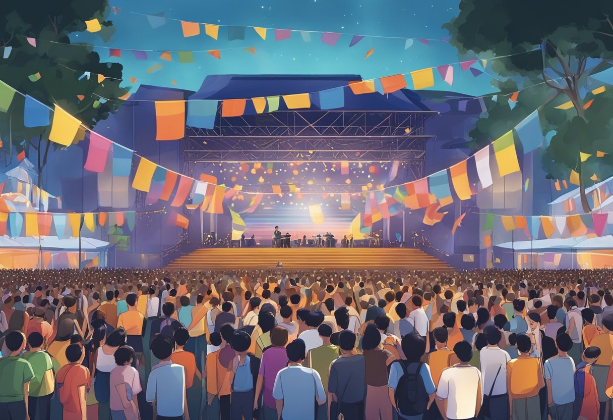 Crowds gather outside a brightly lit concert venue in Singapore, with music filling the air and excitement palpable. Flags and banners adorn the entrance, and the stage is set for a memorable night