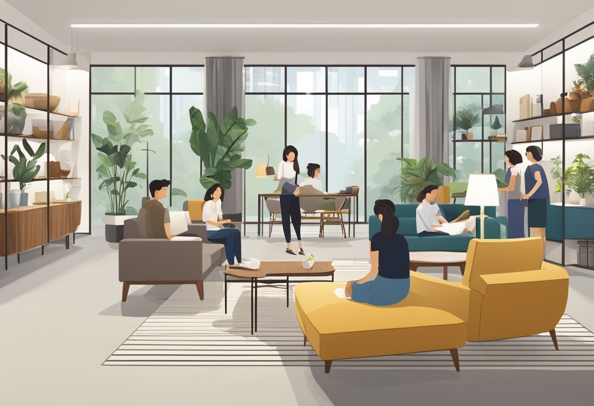 Customers browsing modern and traditional furniture in a spacious, well-lit showroom in Singapore. Various styles and designs on display
