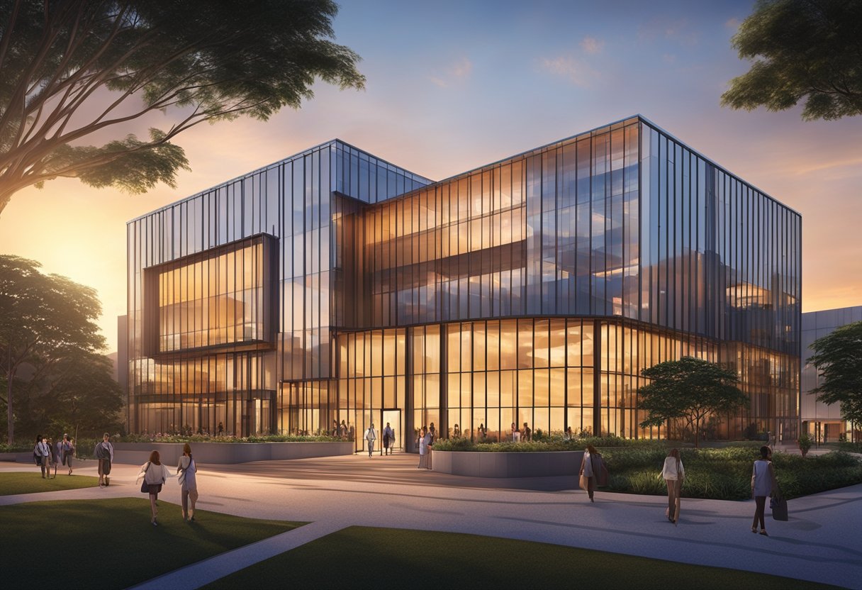The sun sets over the modern architecture of Dulwich College Singapore, casting a warm glow on the sleek glass and steel buildings