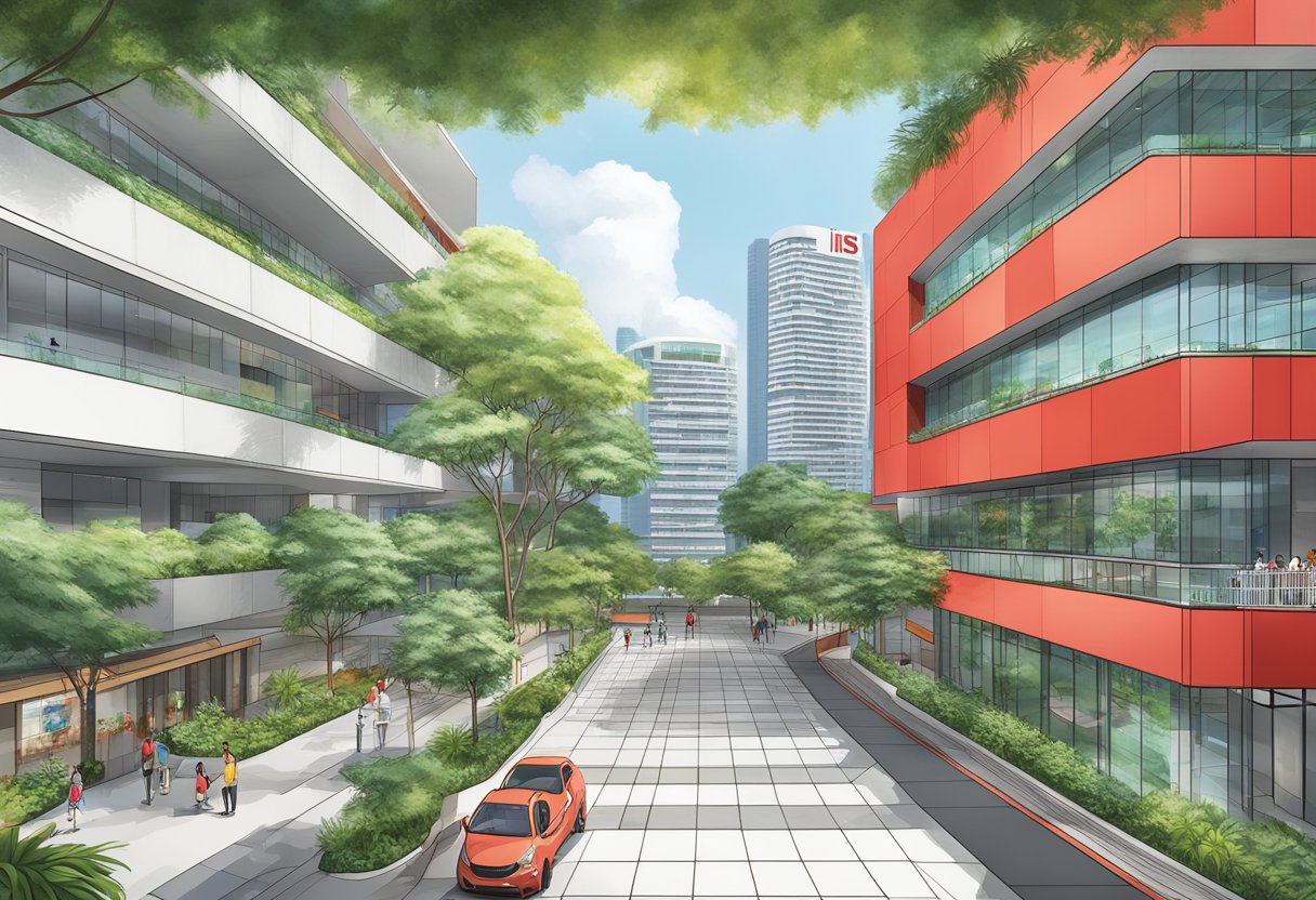 The iconic red facade of the Ibis Singapore on Bencoolen stands tall against the city skyline, with lush greenery and modern architecture surrounding it