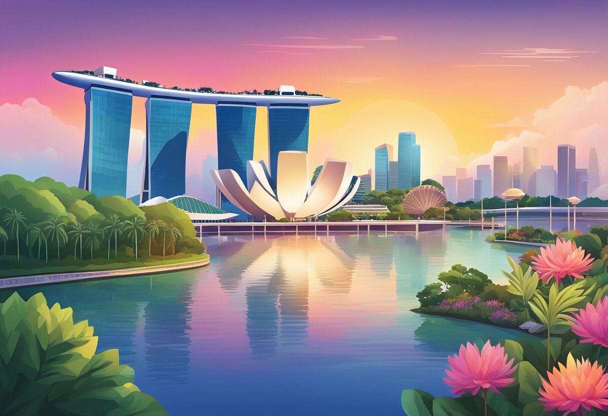 A colorful skyline of Singapore's iconic landmarks, with the Marina Bay Sands, Gardens by the Bay, and the Singapore Flyer towering against a vibrant sunset backdrop