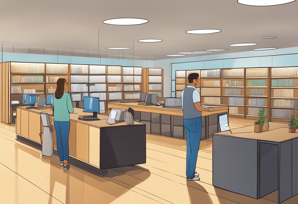 Customers browsing through modern furniture displays, with soft ambient lighting and spacious aisles, creating a comfortable and inviting atmosphere