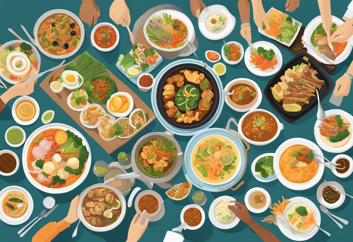 A long table filled with a variety of dishes, from local Singaporean favorites to international cuisine, with people serving themselves and enjoying the buffet spread