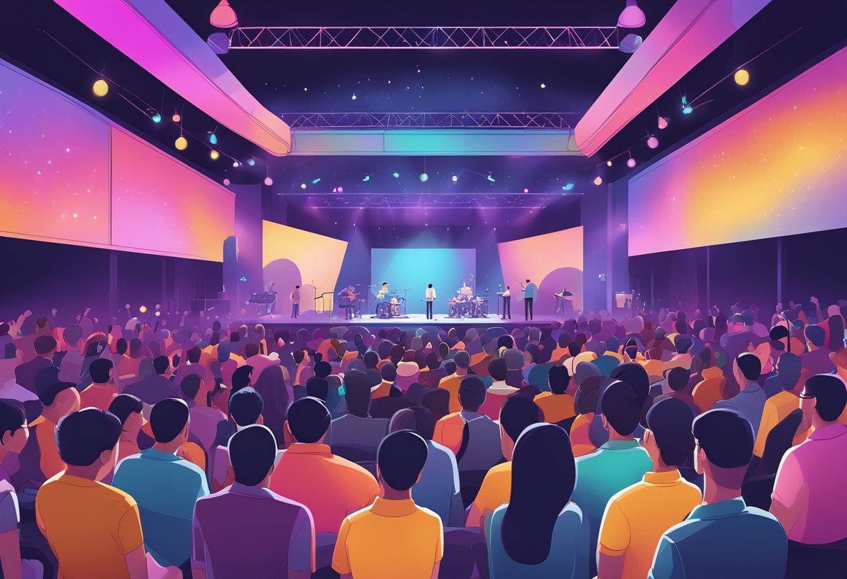 A vibrant stage with colorful lights and a diverse audience at a Venue Insights concert in Singapore