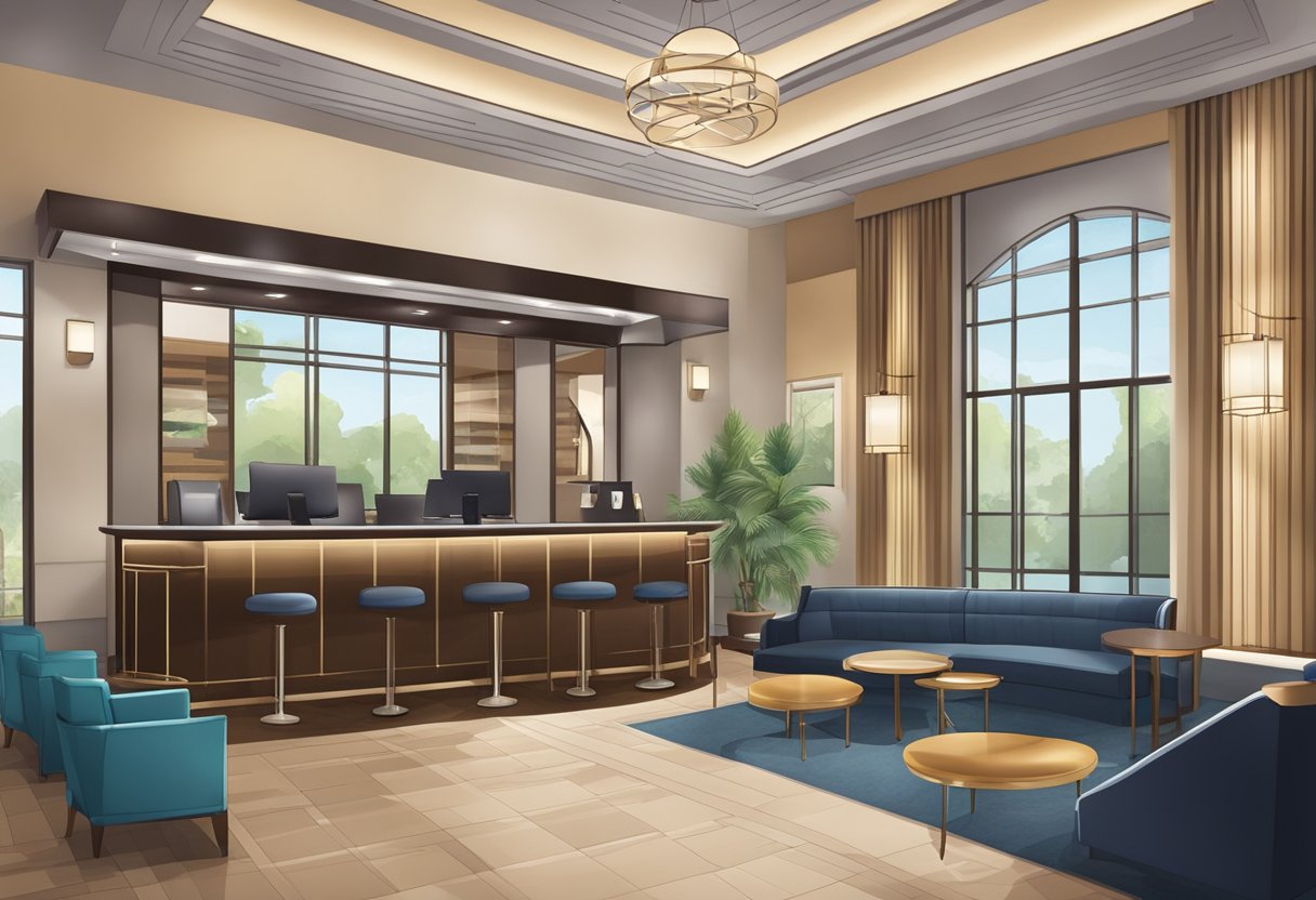 The hotel lobby features a modern reception desk, comfortable seating areas, and a stylish bar. A sign advertises amenities such as a fitness center, business center, and laundry services