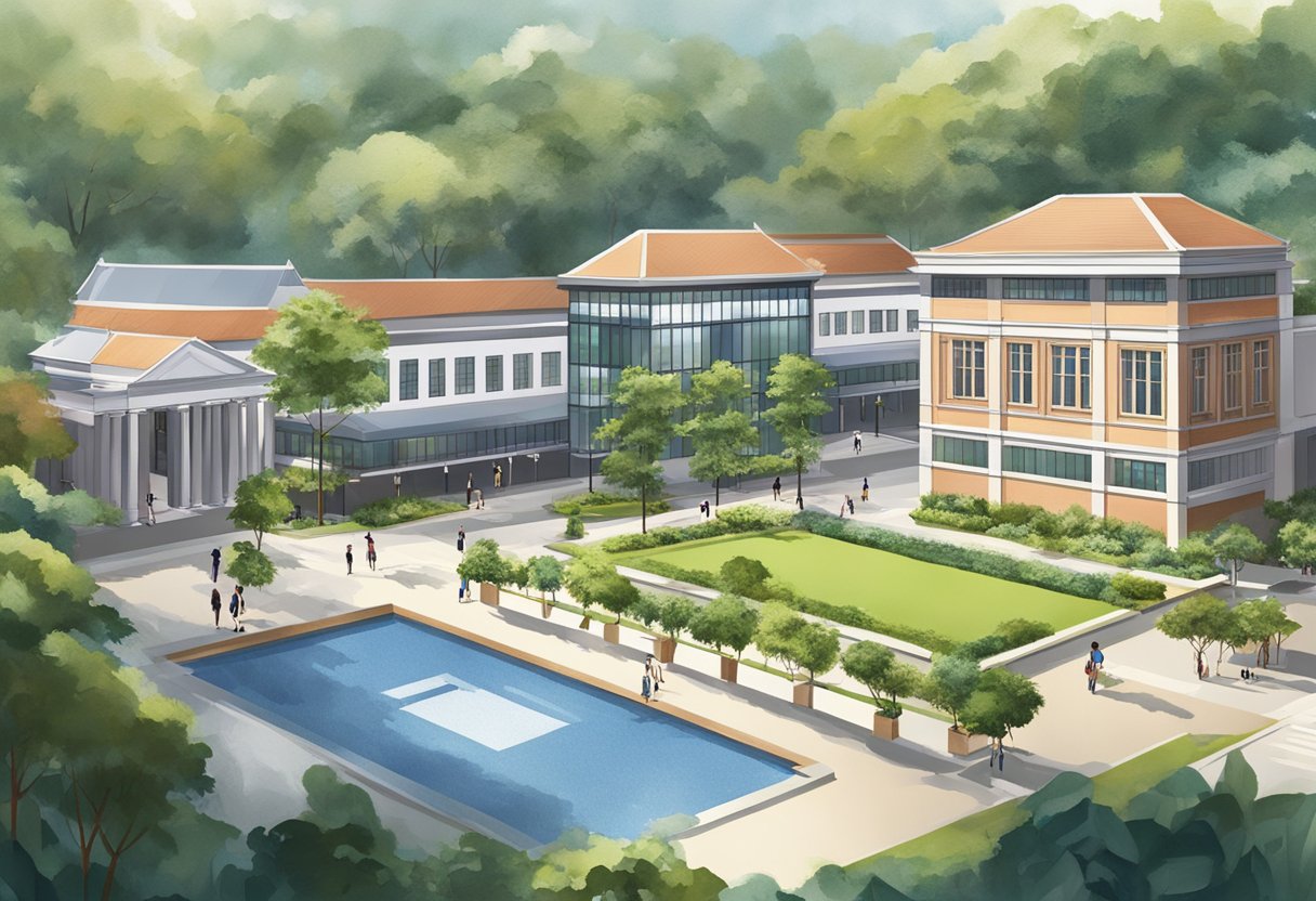 The campus of Dulwich College Singapore features modern facilities, lush greenery, and a mix of traditional and contemporary architecture