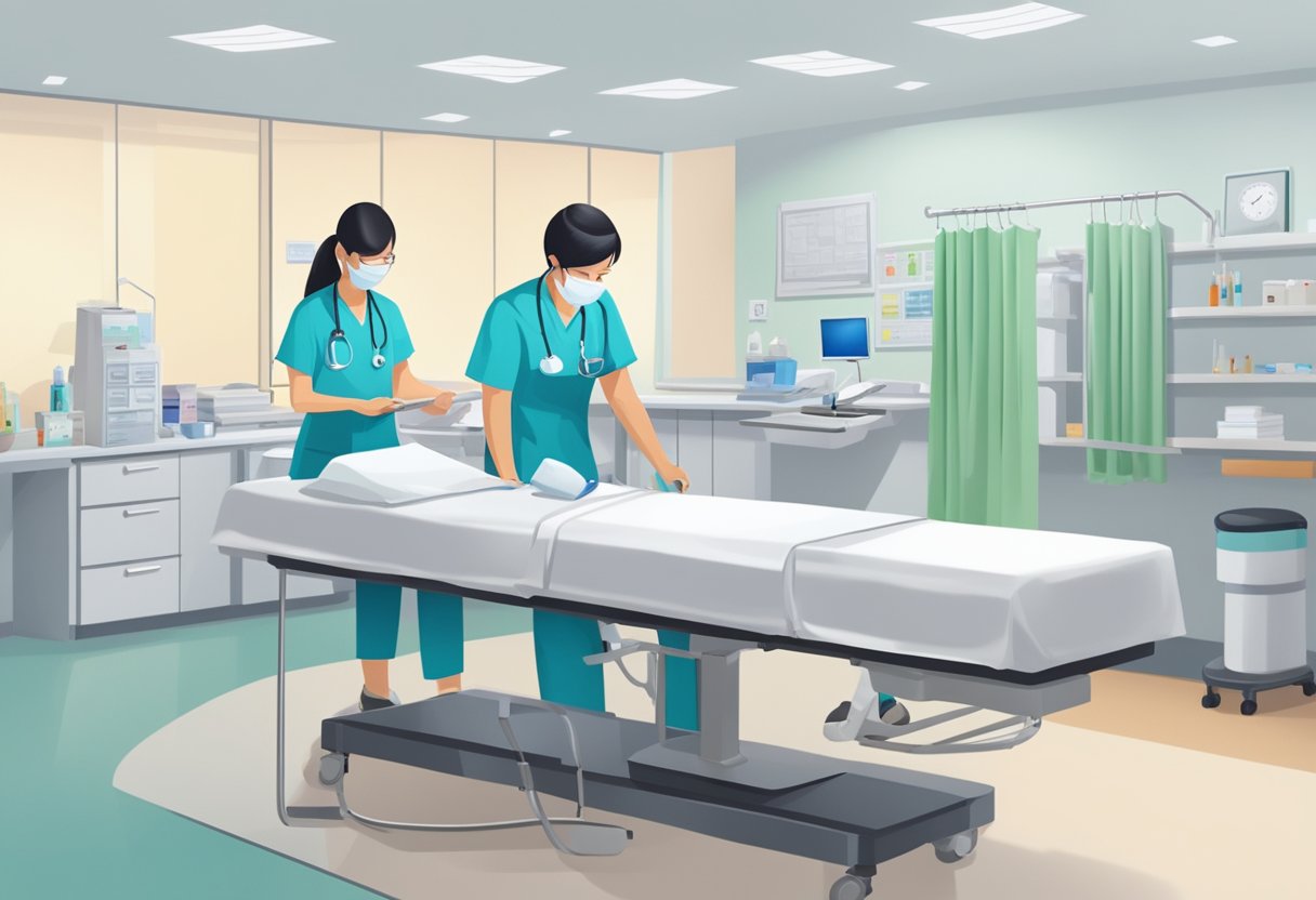 A nurse administers a health screening at a Singapore clinic. Instruments and medical equipment are neatly arranged on a table