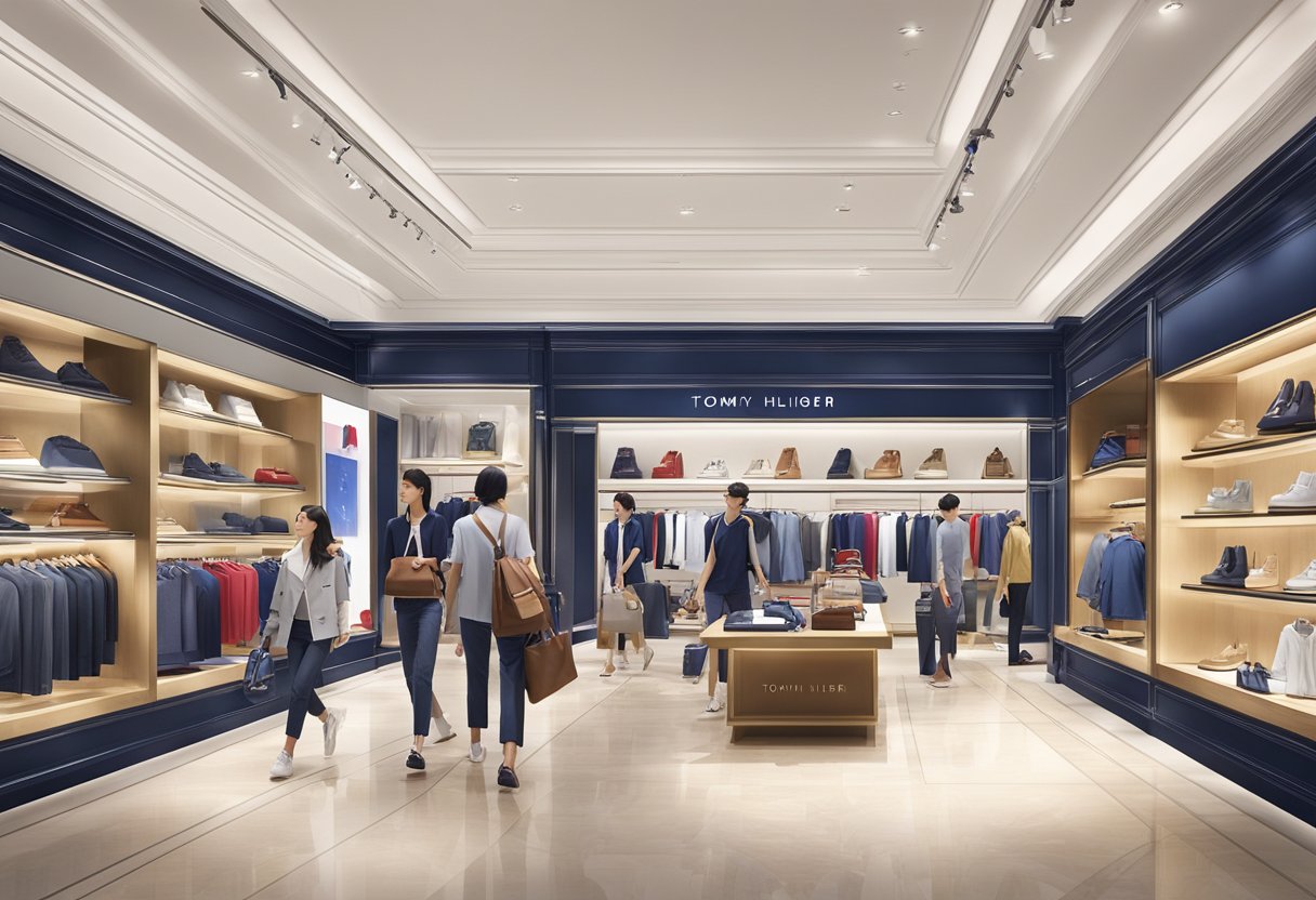 A bustling Tommy Hilfiger store in Singapore, with customers browsing, staff assisting, and the iconic brand logo prominently displayed