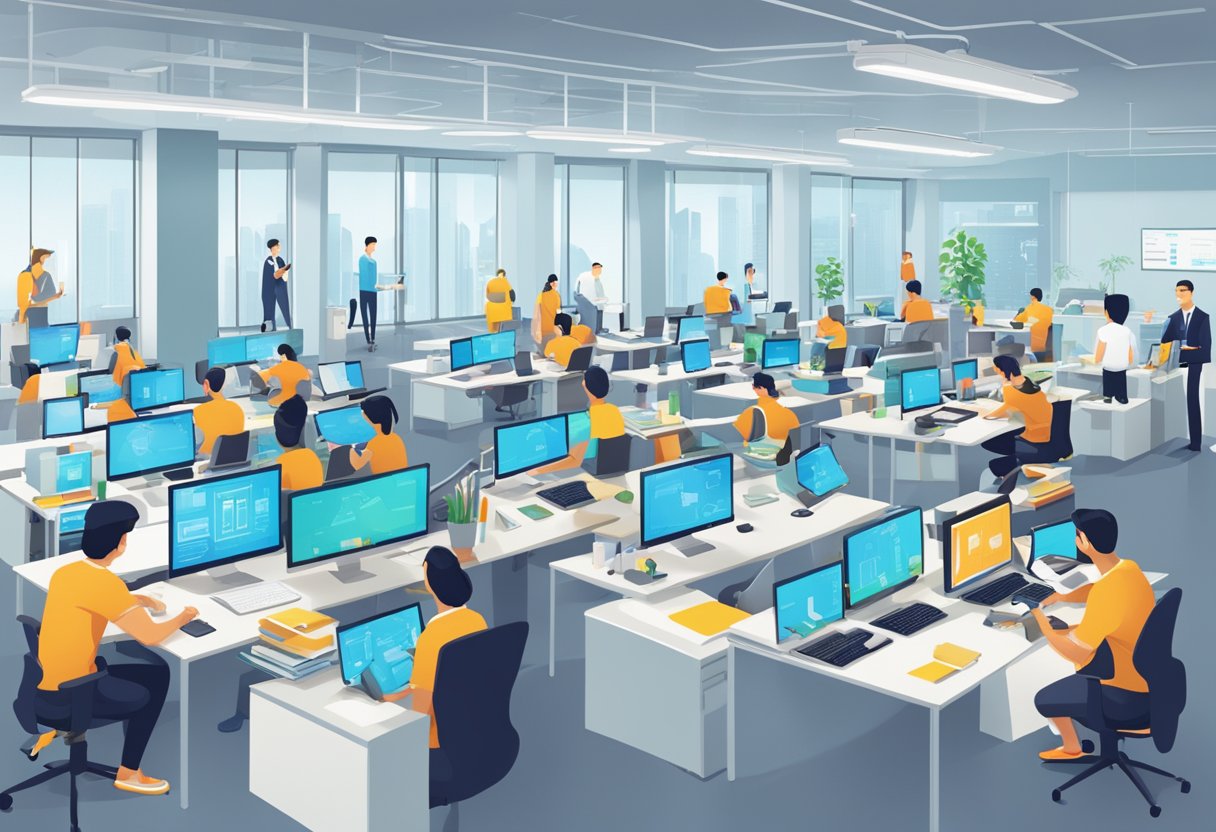 A bustling office with employees at desks, computer screens displaying SPF Operations and Services in Singapore. The room is filled with the hum of activity and a sense of purpose
