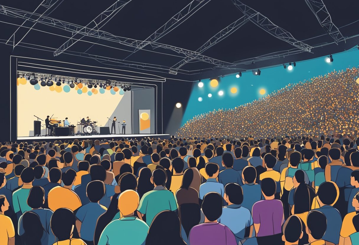 Crowds fill a concert venue in Singapore, with a stage set for a "Frequently Asked Questions" performance. Lights and sound equipment are ready