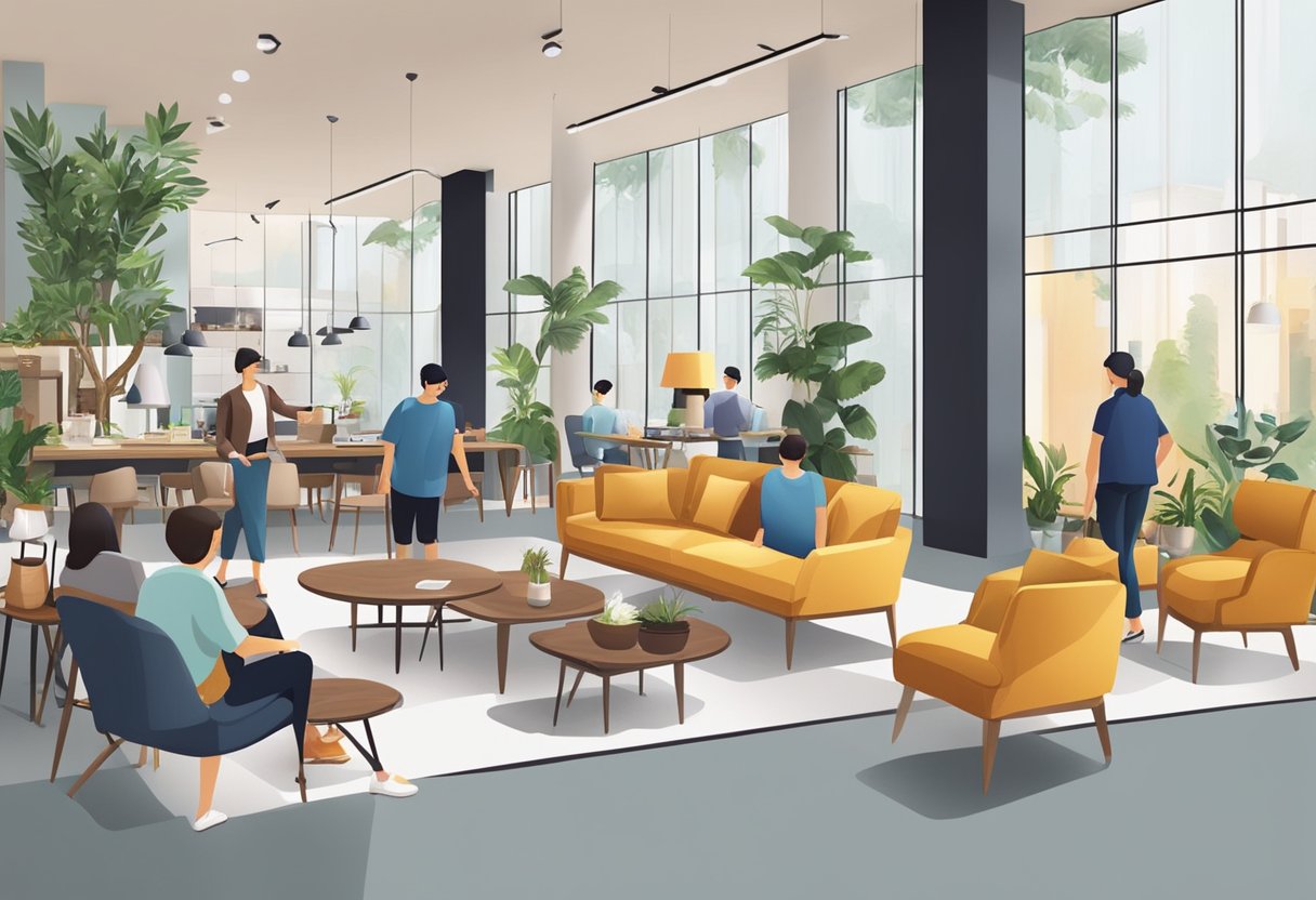 A bustling furniture store in Singapore, with customers browsing and staff assisting. Displays of stylish furniture and home decor fill the spacious showroom
