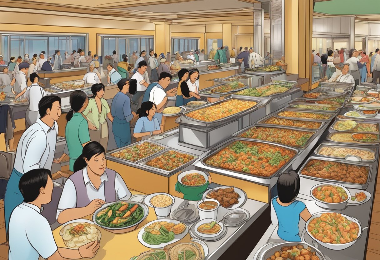 Diners flock to lavish buffet spreads, piling plates high with diverse cuisines. A bustling atmosphere fills the room as patrons savor the 1-for-1 deals