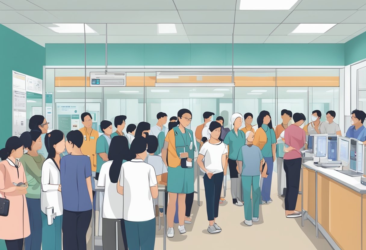 A bustling health screening center in Singapore with people waiting in line, medical equipment, and staff assisting patients