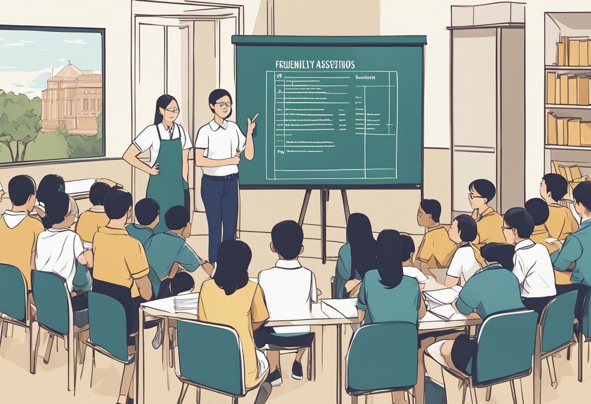 A group of students and teachers gather around a sign that reads "Frequently Asked Questions - Dulwich College Singapore." The students are engaged in conversation, while the teachers are pointing to the sign and explaining its contents