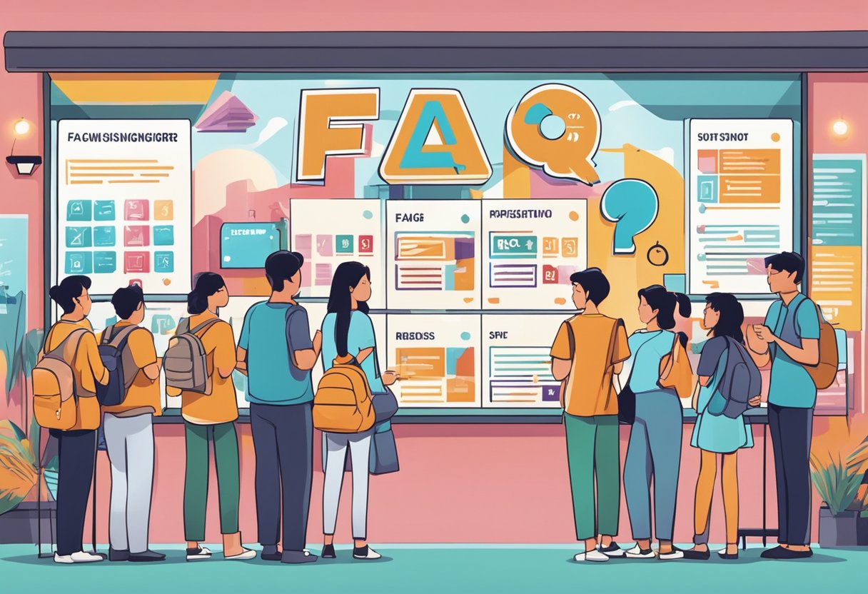 A display of FAQ signs with SPF Singapore logo, surrounded by curious onlookers